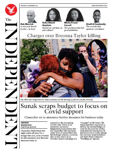 The Independent Newspaper Front Page (UK) for 24 September 2020