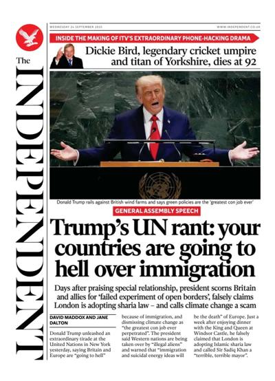 The Independent Newspaper Front Page (UK) for 24 September 2025