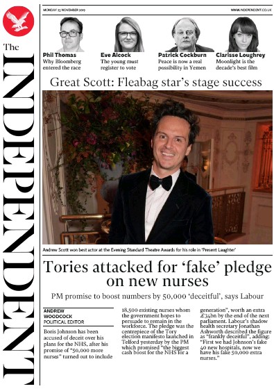 The Independent Newspaper Front Page (UK) for 25 November 2019