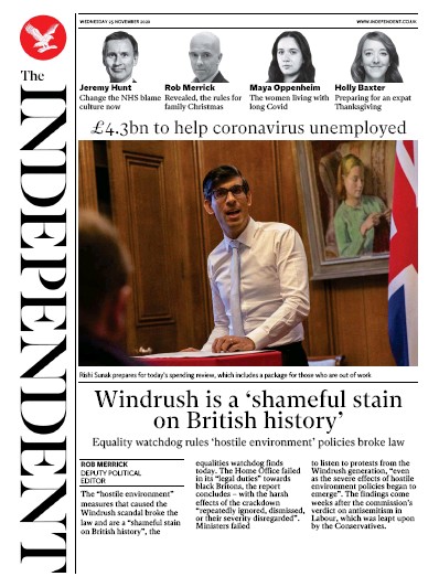 The Independent Newspaper Front Page (UK) for 25 November 2020