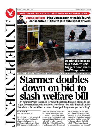 The Independent Newspaper Front Page (UK) for 25 November 2024