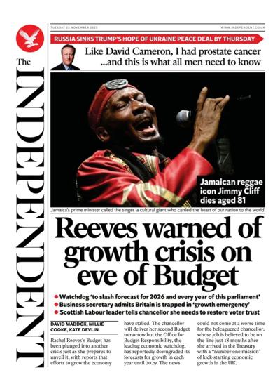 The Independent Newspaper Front Page (UK) for 25 November 2025