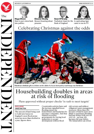 The Independent Newspaper Front Page (UK) for 25 December 2019