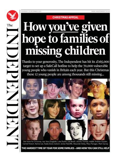 The Independent Newspaper Front Page (UK) for 25 December 2025