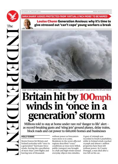 The Independent Newspaper Front Page (UK) for 25 January 2025