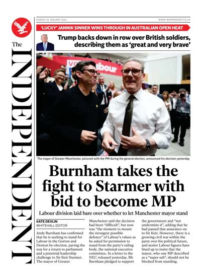 The Independent Newspaper Front Page (UK) for 25 January 2026