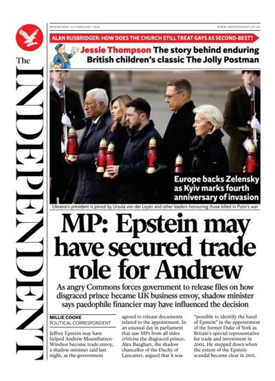 The Independent Newspaper Front Page (UK) for 25 February 2026