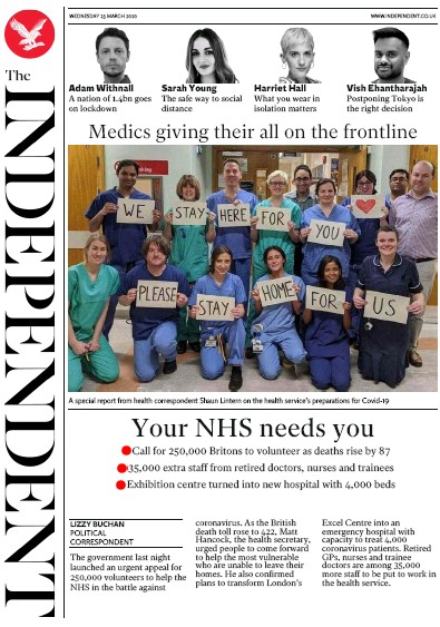 The Independent Newspaper Front Page (UK) for 25 March 2020