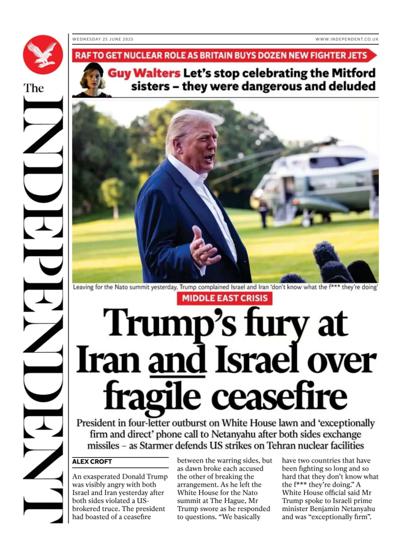 The Independent Newspaper Front Page (UK) for 25 June 2025