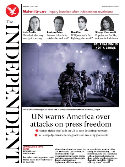 The Independent Newspaper Front Page (UK) for 25 July 2020