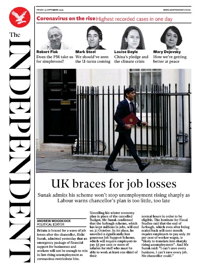 The Independent Newspaper Front Page (UK) for 25 September 2020