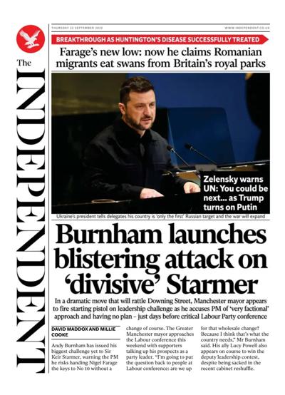 The Independent Newspaper Front Page (UK) for 25 September 2025