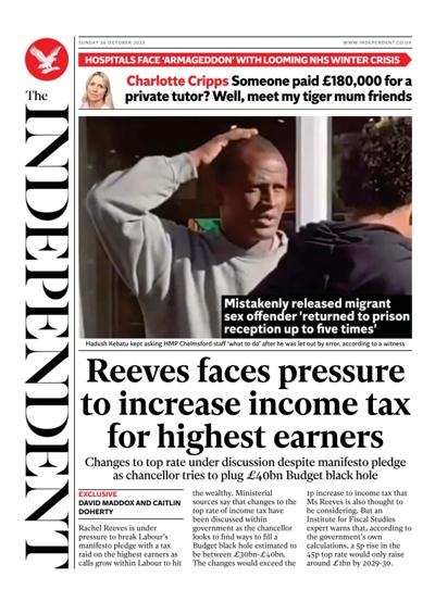 The Independent Newspaper Front Page (UK) for 26 October 2025