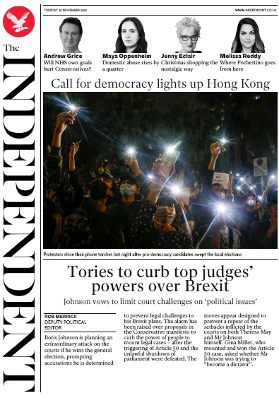 The Independent Newspaper Front Page (UK) for 26 November 2019