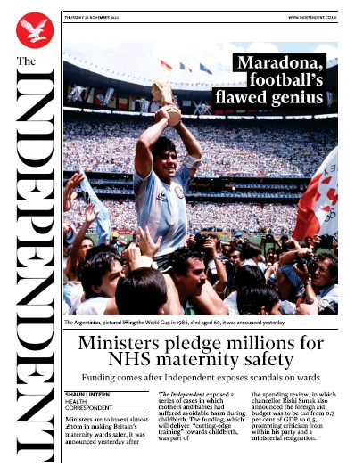 The Independent Newspaper Front Page (UK) for 26 November 2020