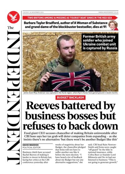 The Independent Newspaper Front Page (UK) for 26 November 2024