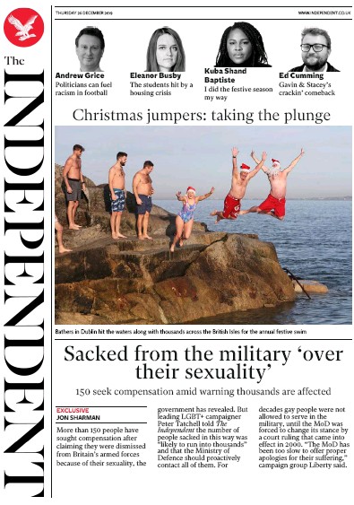 The Independent Newspaper Front Page (UK) for 26 December 2019