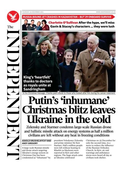 The Independent Newspaper Front Page (UK) for 26 December 2024