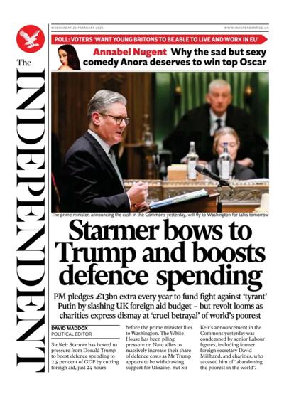 The Independent Newspaper Front Page (UK) for 26 February 2025