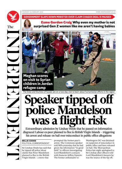 The Independent Newspaper Front Page (UK) for 26 February 2026
