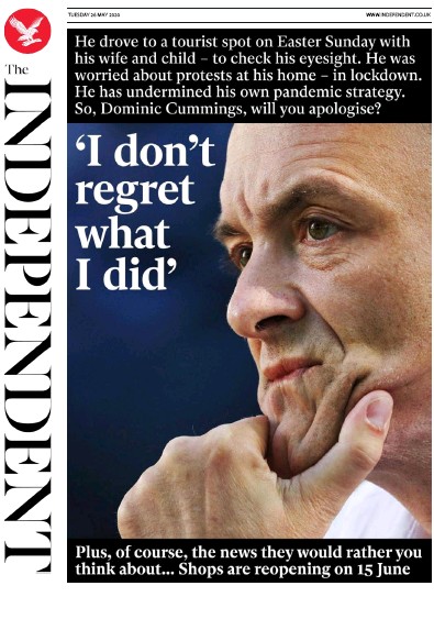 The Independent Newspaper Front Page (UK) for 26 May 2020