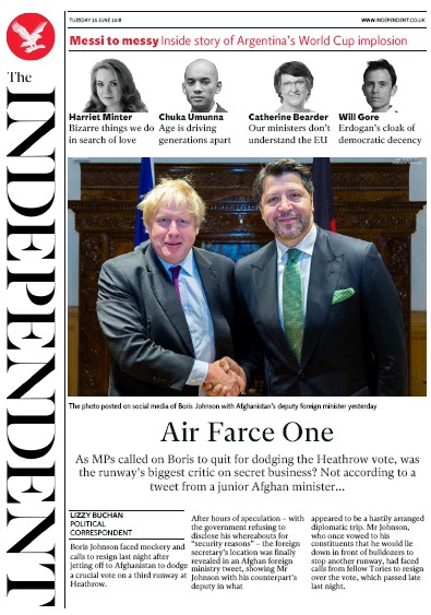 The Independent Newspaper Front Page (UK) for 26 June 2018