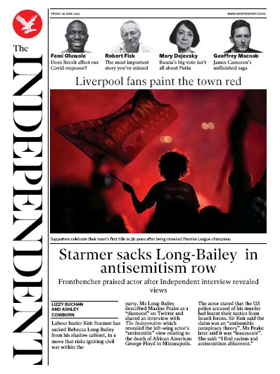 The Independent Newspaper Front Page (UK) for 26 June 2020