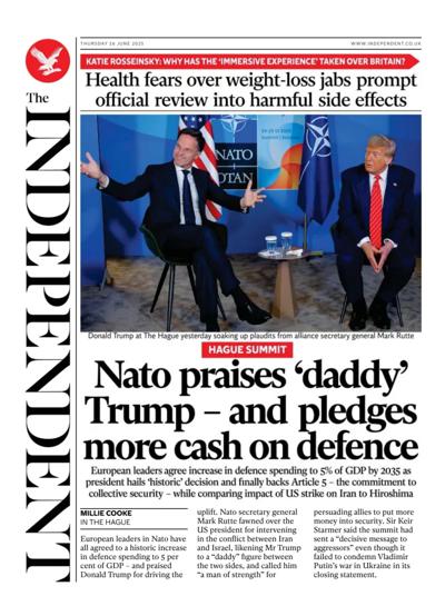 The Independent Newspaper Front Page (UK) for 26 June 2025