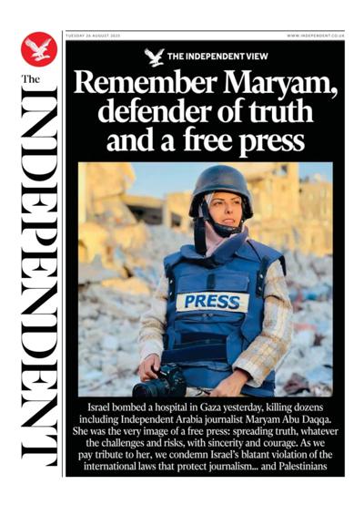 The Independent Newspaper Front Page (UK) for 26 August 2025