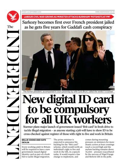 The Independent Newspaper Front Page (UK) for 26 September 2025
