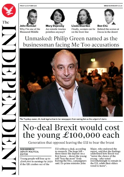 The Independent Newspaper Front Page (UK) for 27 October 2018