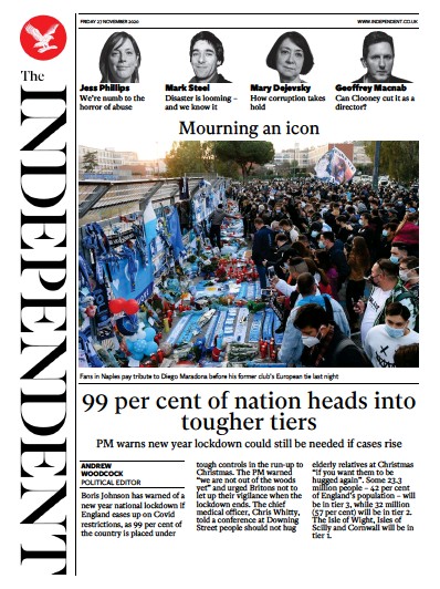 The Independent Newspaper Front Page (UK) for 27 November 2020