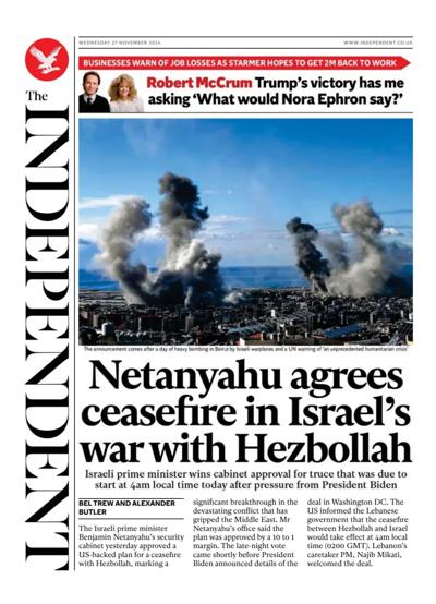 The Independent Newspaper Front Page (UK) for 27 November 2024