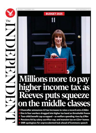 The Independent Newspaper Front Page (UK) for 27 November 2025