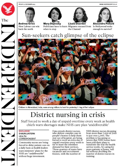 The Independent Newspaper Front Page (UK) for 27 December 2019