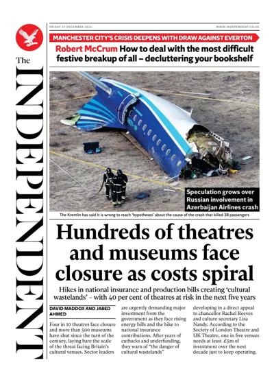 The Independent Newspaper Front Page (UK) for 27 December 2024