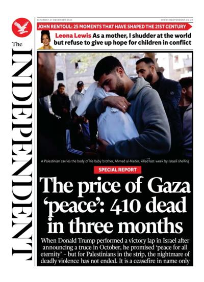 The Independent Newspaper Front Page (UK) for 27 December 2025
