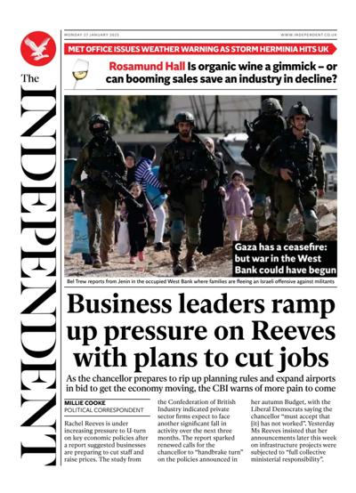 The Independent Newspaper Front Page (UK) for 27 January 2025