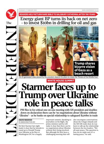 The Independent Newspaper Front Page (UK) for 27 February 2025