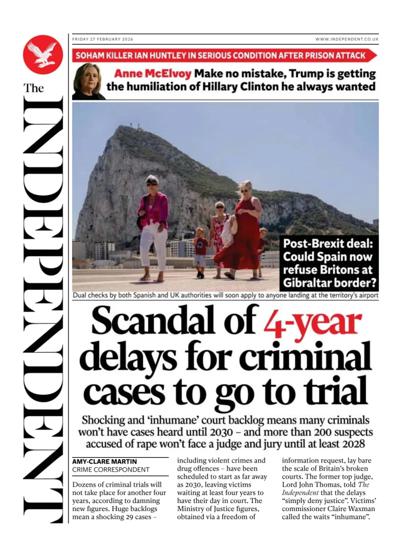 The Independent Newspaper Front Page (UK) for 27 February 2026