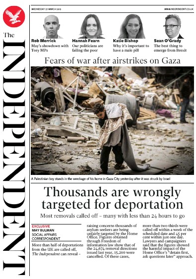 The Independent Newspaper Front Page (UK) for 27 March 2019