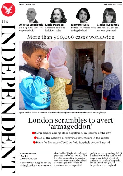 The Independent Newspaper Front Page (UK) for 27 March 2020