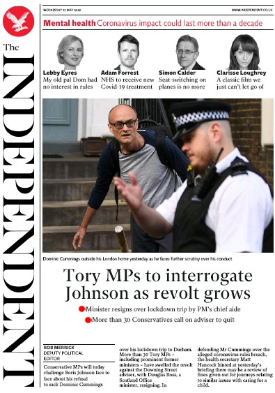 The Independent Newspaper Front Page (UK) for 27 May 2020