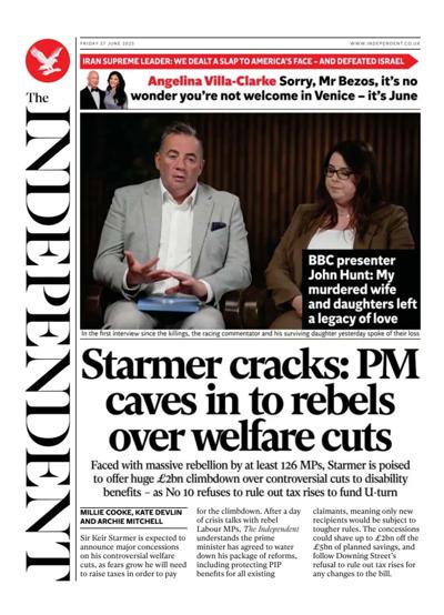 The Independent Newspaper Front Page (UK) for 27 June 2025