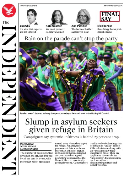 The Independent Newspaper Front Page (UK) for 27 August 2018