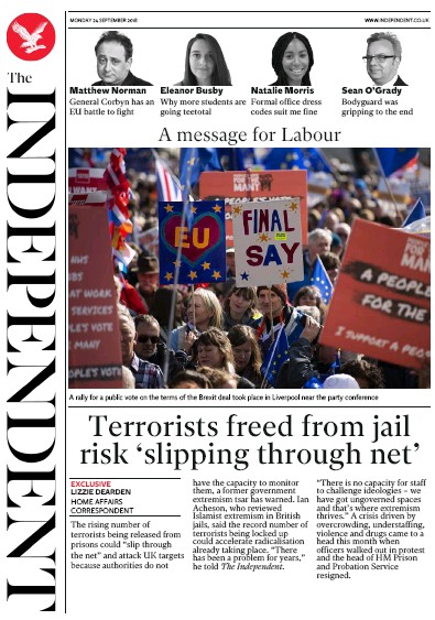 The Independent Newspaper Front Page (UK) for 27 September 2018