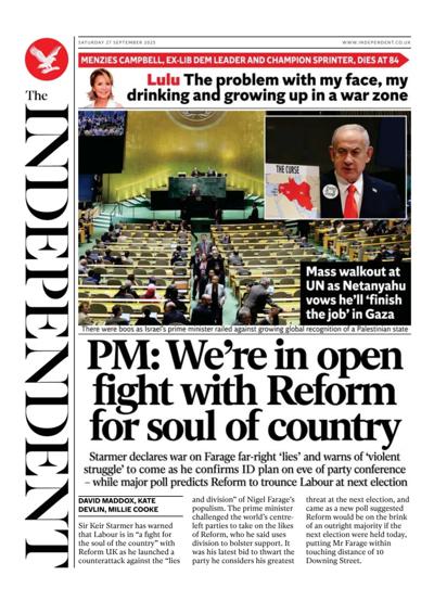The Independent Newspaper Front Page (UK) for 27 September 2025