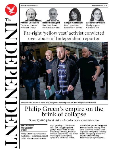 The Independent Newspaper Front Page (UK) for 28 November 2020