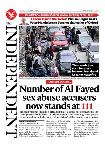 The Independent Newspaper Front Page (UK) for 28 November 2024