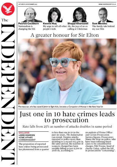 The Independent Newspaper Front Page (UK) for 28 December 2019